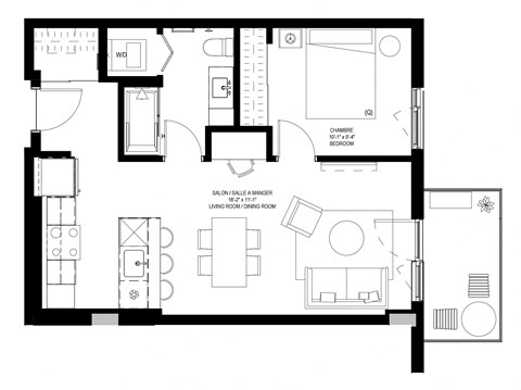 Floor plan for 1 bed, 1 bath, 610 sqft